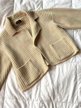 Vintage 90s Jigsaw 100% Wool Cream Ribbed Cropped Cardigan - Size 1